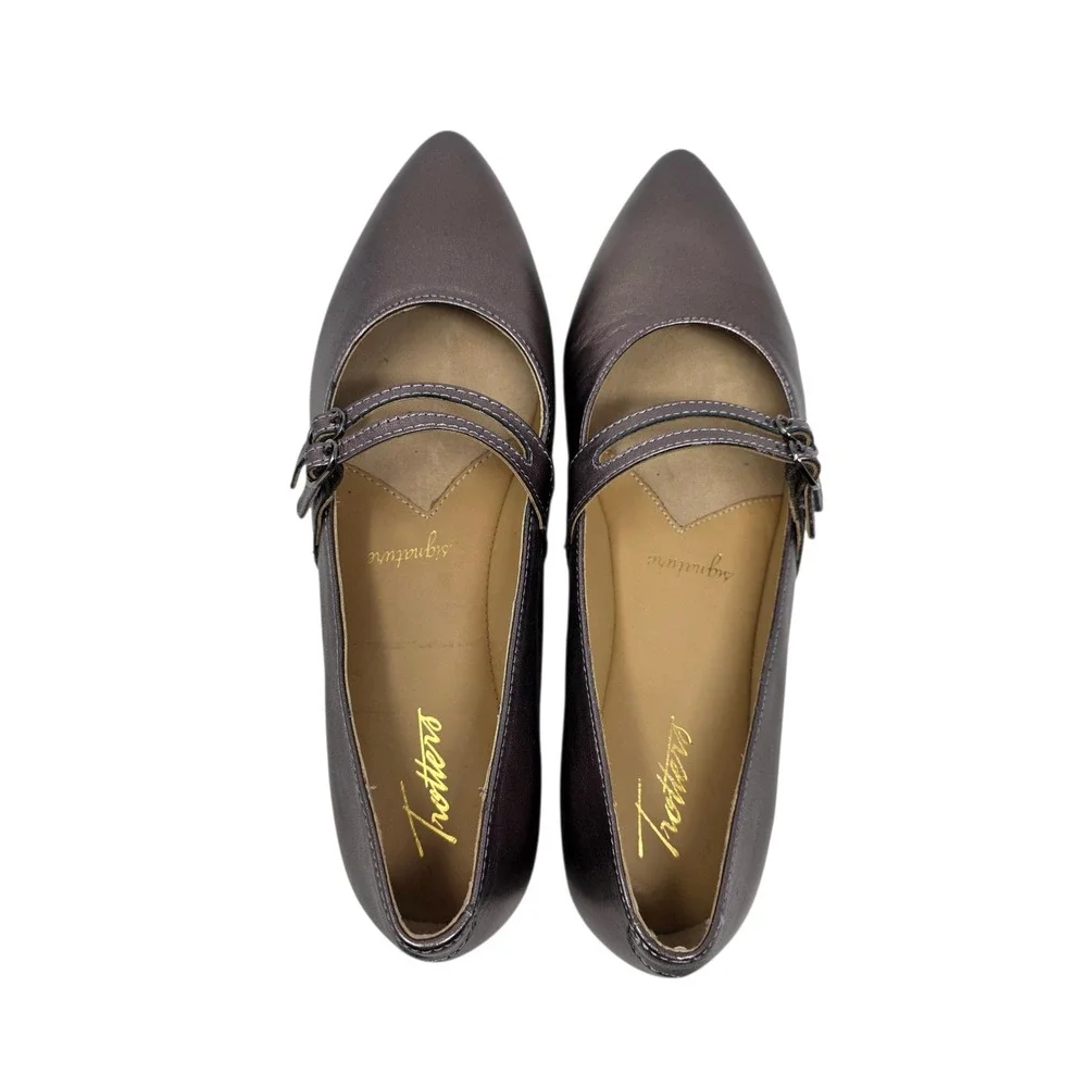 Trotters Emerald Pointed Toe Mary Jane Flats Pewter Metallic Leather 10 NIB $150